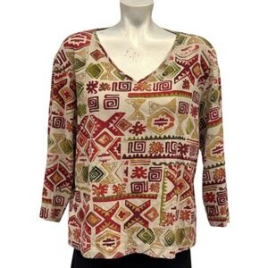 Chico's‎ Size 3 Colorful Geometric Print 3/4 Sleeve V-Neck Knit Top